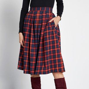 Modcloth Royal Monk Red Navy Plaid High Waist Skirt UK10/Small